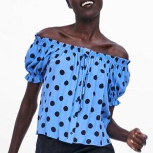 ZARA Blue Polka Dot Off The Shoulder Blouse, Size XS